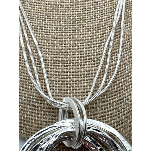 Layered Silver-Tone Textured Circle Pendant Necklace Multi Chain Minimalist - Picture 5 of 10